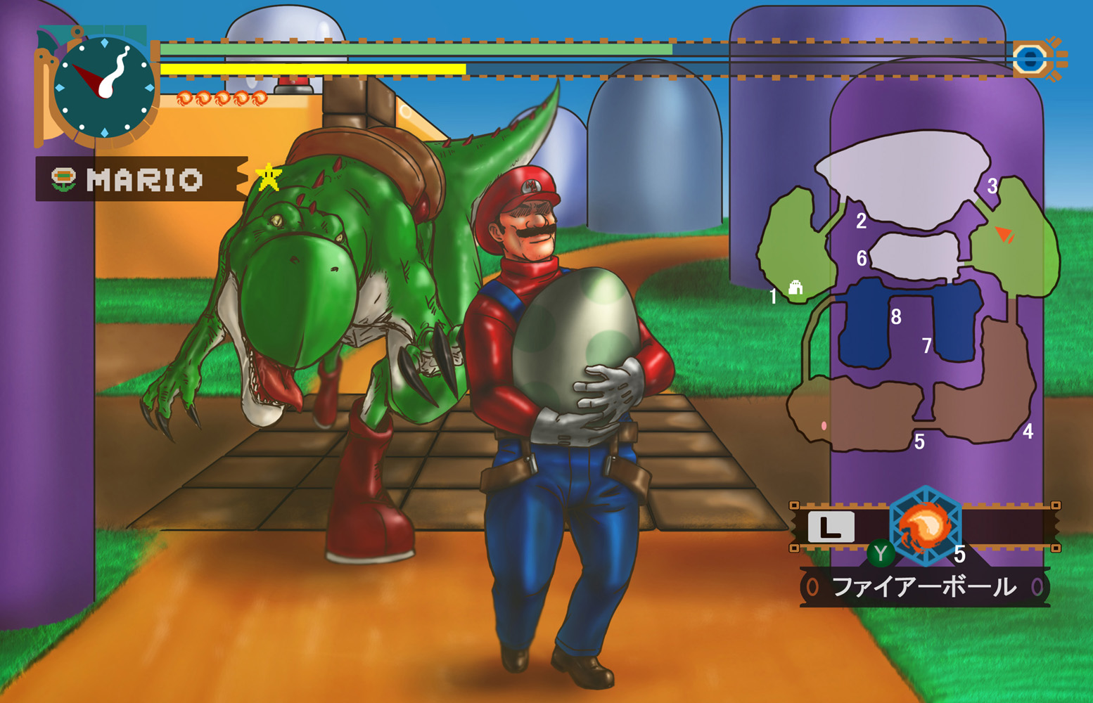 mario, yoshi, capcom, mario (series), monster hunter (series), nintendo, super mario world, clock, crossover, dinosaur, egg, facial hair, hat, health bar, map, mustache, parody, yoshi egg