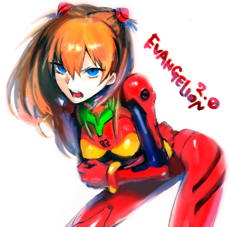 igarashi ran (igatz), igatz, souryuu asuka langley, neon genesis evangelion, bad id, bad pixiv id, >:o, 1girl, :o, angry, backlighting, bent over, blue eyes, bodysuit, bracer, breasts, copyright name, cowboy shot, crossed arms, female focus, from side, gloves, hair between eyes, hair ornament, legs apart, long hair, looking at viewer, mecha pilot suit, orange hair, parted bangs, plugsuit (evangelion), shouting, simple background, sketch, skinny, small breasts, solo, turtleneck, two side up, v-shaped eyebrows, white background