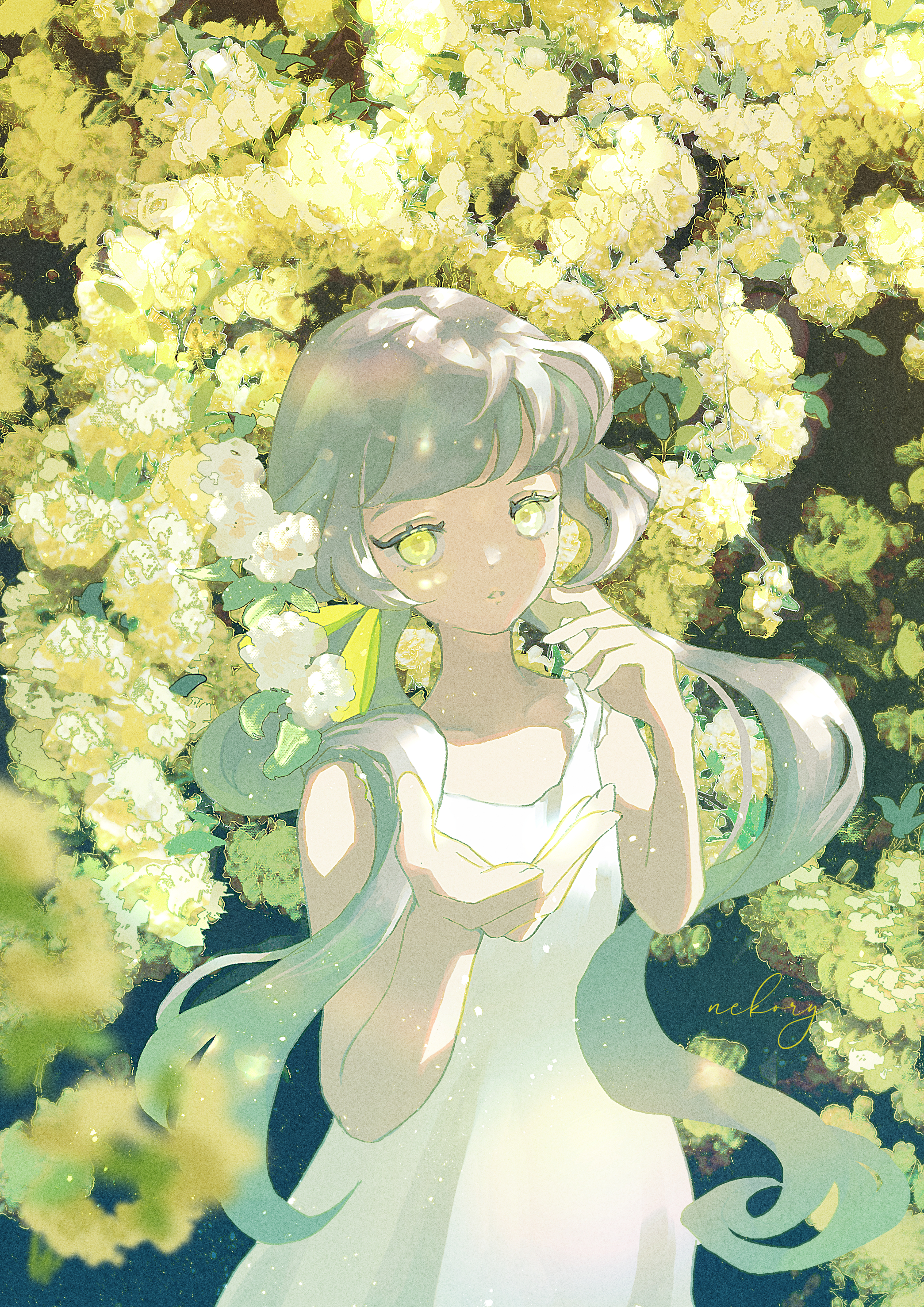 nekory, original, absurdres, commentary request, highres, 1girl, blonde hair, day, dress, flower, gradient hair, hair flower, hair ornament, hand on own cheek, hand on own face, light particles, long hair, looking at viewer, low twintails, multicolored hair, nature, outdoors, parted lips, reaching, reaching towards another, sidelocks, signature, sleeveless, sleeveless dress, solo, sundress, sunlight, swept bangs, twintails, wavy hair, white dress, yellow eyes
