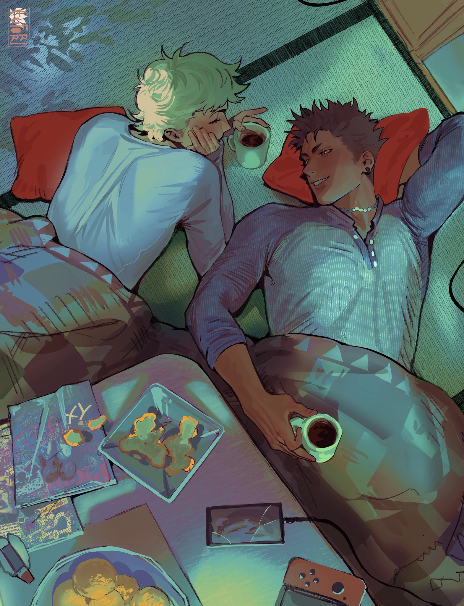 isa (babeyxiao), kuramochi youichi, narumiya mei, ace of diamond, red pillow, highres, 2boys, artist name, broken phone, closed eyes, closed mouth, coffee mug, cup, earrings, jewelry, kotatsu, looking at another, lying, male focus, mug, multiple boys, necklace, nintendo switch, on back, on stomach, pearl necklace, table, yaoi