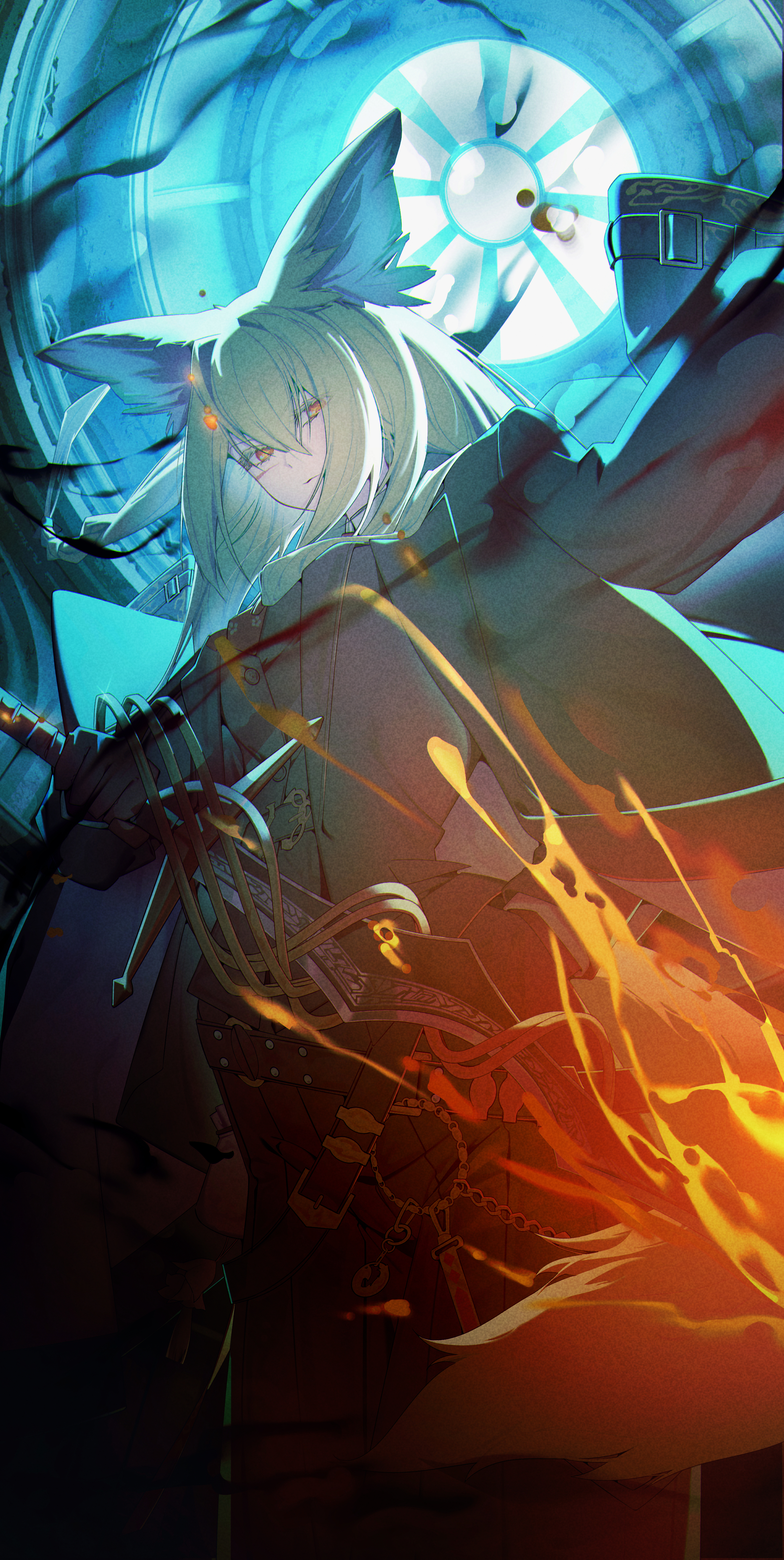 kimo suna, vulpisfoglia (arknights), arknights, absurdres, commentary, highres, 1girl, animal ears, black coat, blonde hair, closed mouth, coat, film grain, fox ears, fox girl, holding, holding sword, holding weapon, long hair, long sleeves, looking at viewer, night, scar, scar on face, solo, sword, weapon, wide sleeves, yellow eyes