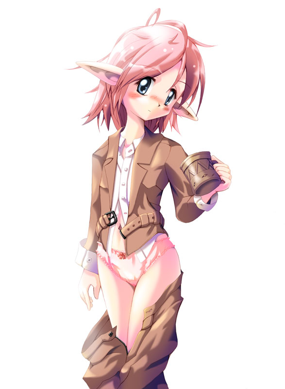 aelita, code lyoko, blue eyes, blush, clothes pull, cup, loli, panties, pants, pants pull, pink hair, pointy ears, solo, underwear
