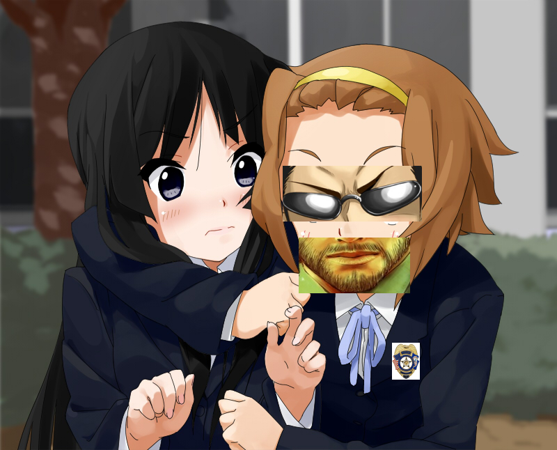 kaisen chuui, akiyama mio, big boss, harima kenji, tainaka ritsu, k-on!, metal gear (series), metal gear solid, school rumble, third-party edit, 2girls, badge, beard, black hair, blazer, blue eyes, blunt bangs, blush, brown eyes, brown hair, facial hair, hairband, headband, hime cut, hug, jacket, long hair, multiple girls, parody, school uniform, short hair, smile