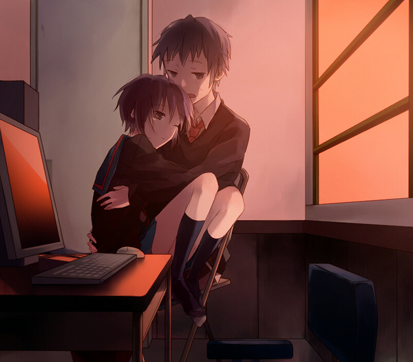 hakoda eko, kyon, nagato yuki, suzumiya haruhi no yuuutsu, bad id, bad pixiv id, 00s, 1boy, 1girl, brown hair, cardigan, carrying, classroom, computer, computer keyboard, couple, desk, hetero, hug, purple hair, school, school uniform, serafuku, short hair, skirt, socks, sunset