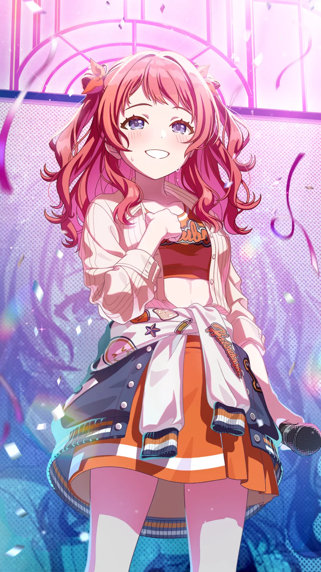 hanami saki, gakuen idolmaster, idolmaster, game cg, official art, > <, blue eyes, buttons, clothes around waist, confetti, english text, grin, holding, holding microphone, microphone, monitor, pencil skirt, red hair, skirt, smile, star (symbol), sweat, sweater, sweater around waist, twintails