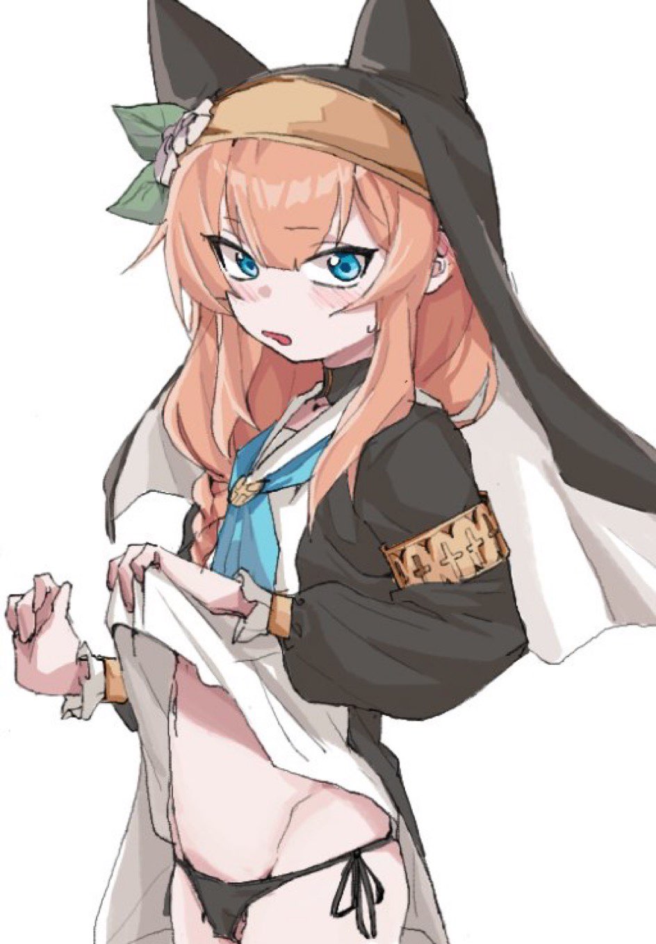 rkgk ojisan, mari (blue archive), blue archive, 1girl, blue eyes, looking at viewer, nun, orange hair, panties, simple background, solo, underwear, veil, white background