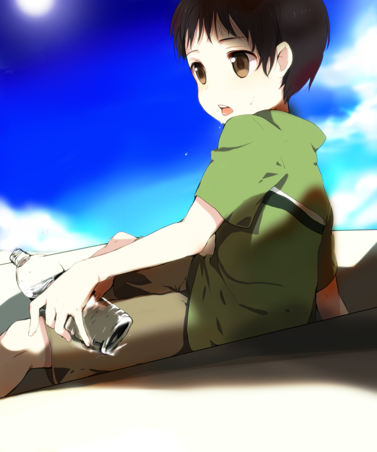 caterpillar (artist), shiratama shima, onozawa yuuki, tokyo magnitude 8.0, bad id, bad pixiv id, 00s, 1boy, bottle, brown eyes, brown hair, day, male focus, short hair, shorts, sky, solo, sun, water
