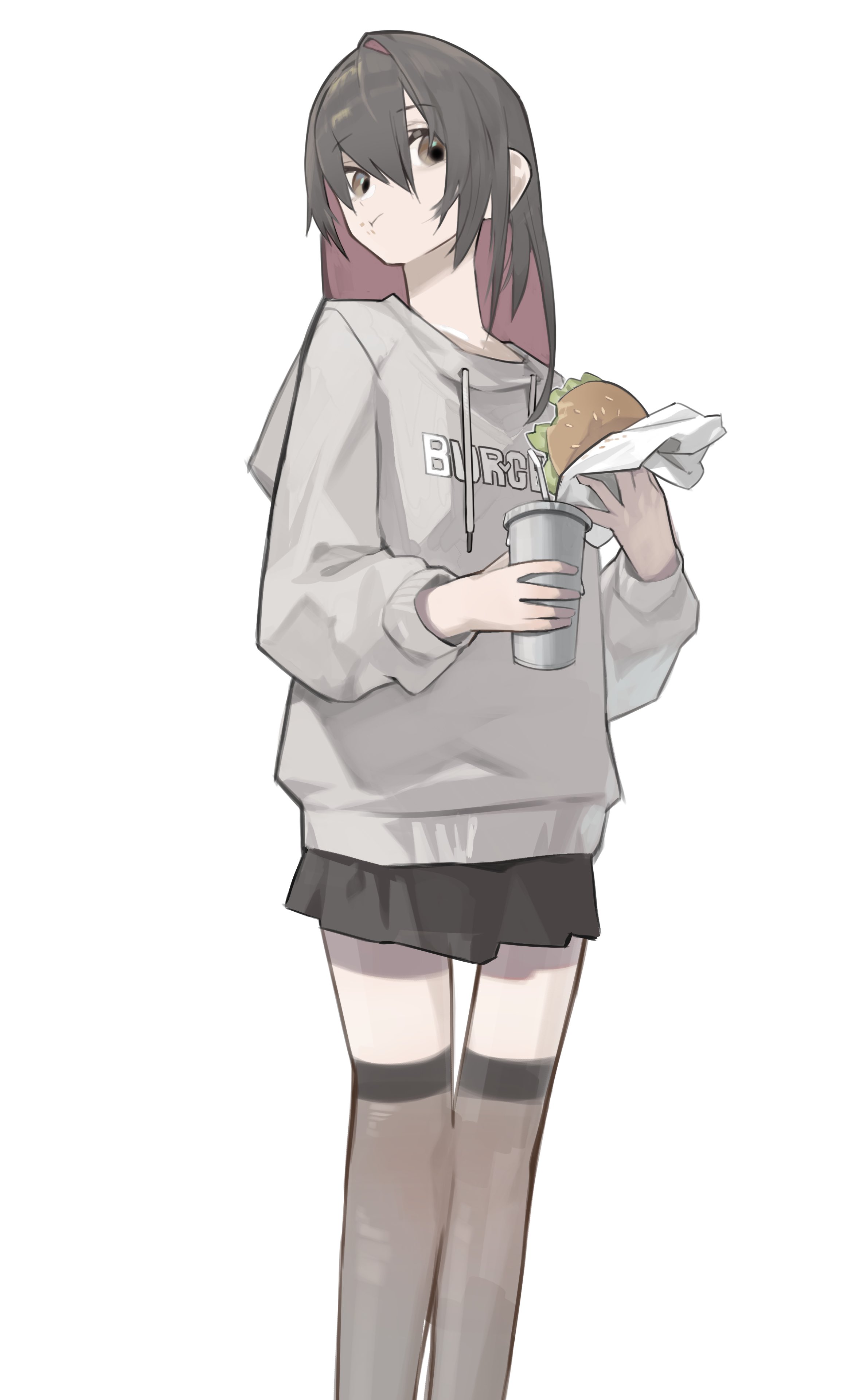 esnowg, original, absurdres, commentary, english commentary, highres, 1girl, black skirt, brown eyes, brown hair, burger, colored inner hair, cup, disposable cup, feet out of frame, food, grey hoodie, grey thighhighs, holding, holding burger, holding food, hood, hoodie, long hair, long sleeves, multicolored hair, simple background, skirt, soda, solo, thighhighs, white background