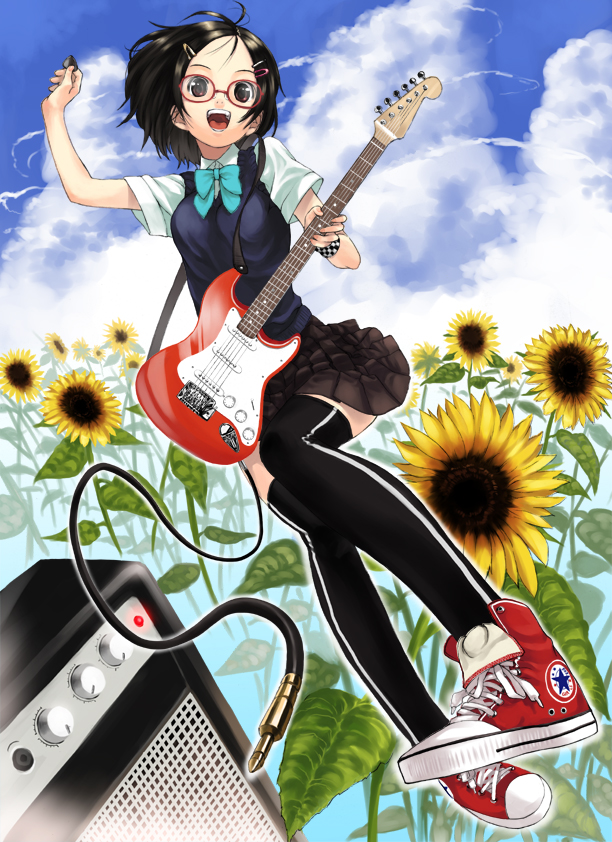 kenji (artist), makimura shunsuke, original, bad id, bad pixiv id, amplifier, audio jack, black hair, cable, electric guitar, glasses, guitar, instrument, legs, plectrum, school uniform, skirt, solo, strat (guitar), thighhighs, zettai ryouiki