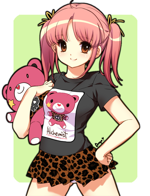 shirahane nao, original, bad id, bad pixiv id, 1girl, animal print, brown eyes, female focus, hand on own hip, hip focus, leopard print, panties, pantyshot, pink hair, skirt, smile, solo, stuffed animal, stuffed toy, teddy bear, twintails, underwear, upskirt