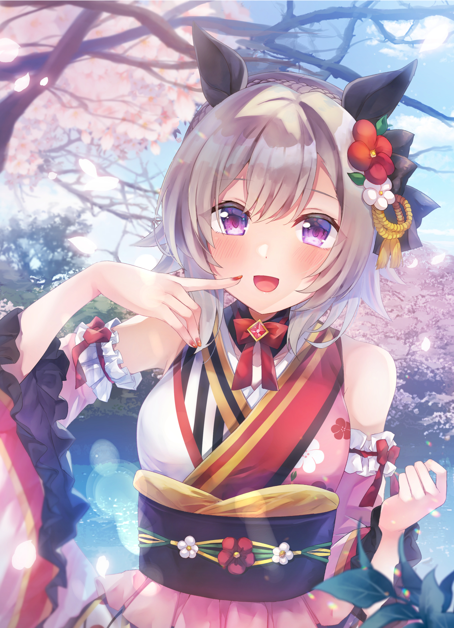 amane7gisa, curren chan (umamusume), umamusume, commentary request, highres, 1girl, animal ears, bare shoulders, cherry blossoms, flower, hair flower, hair ornament, horse ears, horse girl, looking at viewer, nail polish, open mouth, purple eyes, sky, smile, tree, white hair