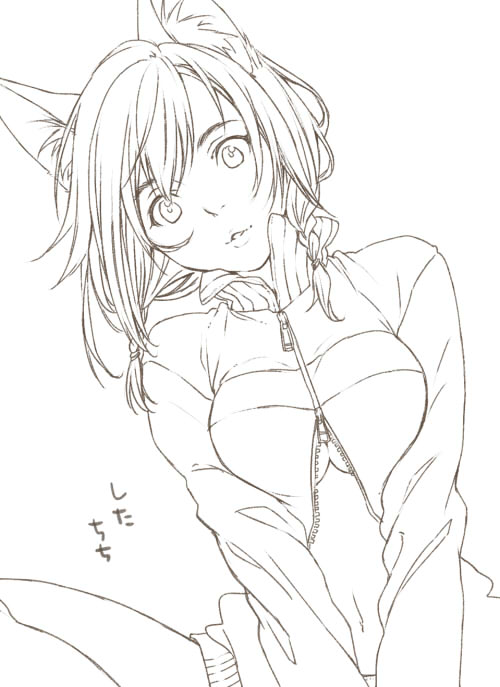 yuuryuu nagare, original, 1girl, animal ears, breasts, cat ears, female focus, greyscale, head tilt, lips, monochrome, short hair, solo, sweater, underboob, v arms, zipper