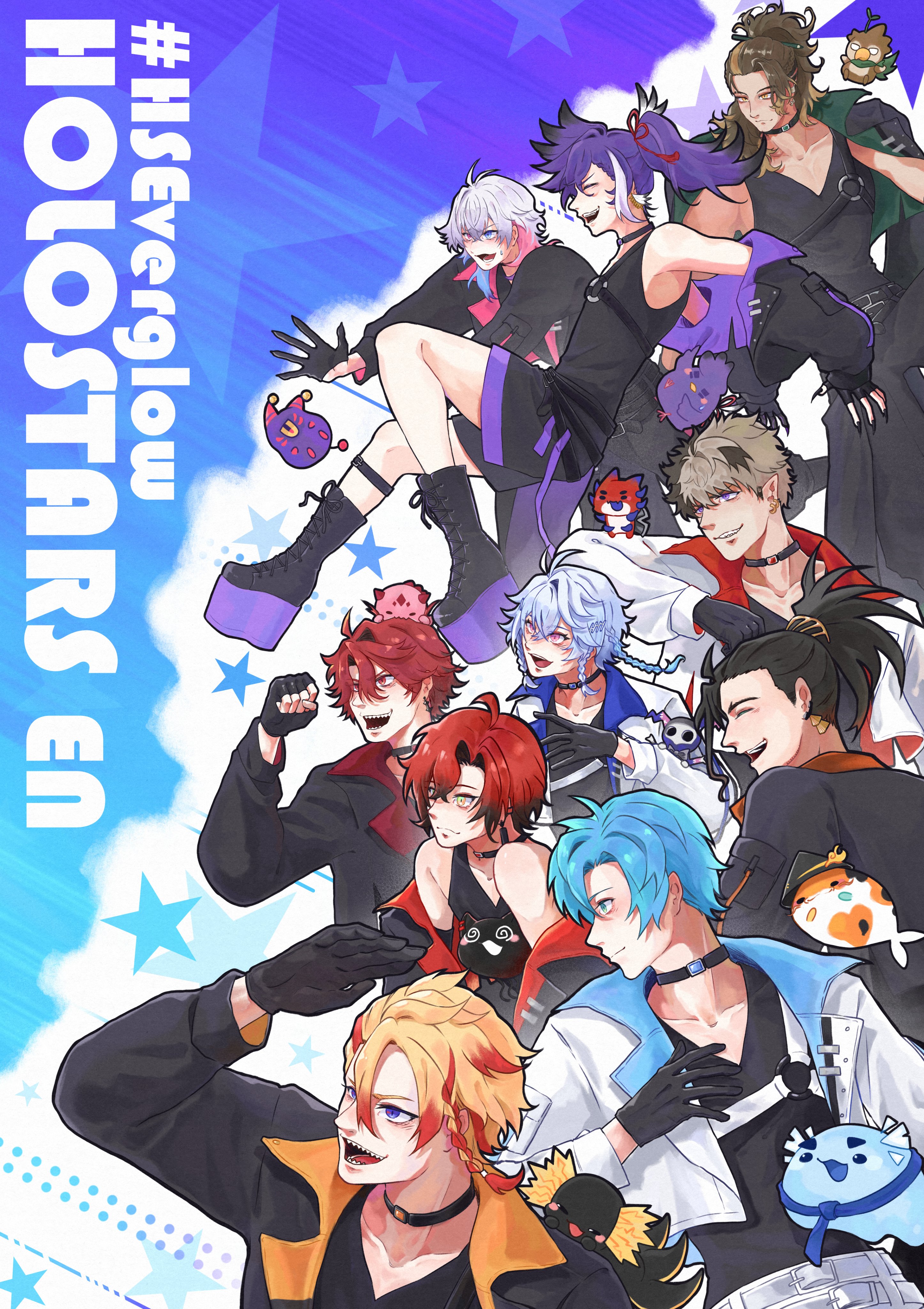 altventurer (regis altare), axel syrios, axelotl (axel syrios), banzoin hakka, crimzon ruze, gavis bettel, goldbullet, josuiji shinri, jurard t rexford, machina x flayon, octavio, phantom (gavis bettel), regis altare, holostars, holostars english, holotempus, absurdres, commentary, highres, symbol-only commentary, 6+boys, ac 09 18, animal, animal on shoulder, antenna hair, arm up, axolotl, belt, bird, black belt, black boots, black choker, black gloves, black hair, black nails, black shirt, black shorts, black tank top, blonde hair, blue background, blue eyes, blue hair, boots, braid, brown hair, bubby (goldbullet), chest belt, choker, closed eyes, collarbone, collared jacket, creature, creature on arm, creature on head, cropped jacket, english text, everyone, fingerless gloves, fingernails, fish, from side, gloves, green eyes, hakkito (banzoin hakka), hashtag, heterochromia, holding, holding creature, holoarmis, holostars english idol uniform, jacket, jacket on shoulders, koi, koipanion (josuiji shinri), long hair, long sleeves, machiroon (machina x flayon), male focus, multicolored hair, multiple boys, multiple braids, o-ring, o-ring belt, open mouth, outstretched arm, pink eyes, pink hair, platform boots, pointy ears, ponytail, poppet (octavio), purple eyes, purple hair, red eyes, red hair, red streaks, ruzader (crimzon ruze), sharp fingernails, sharp teeth, shirt, short hair, shorts, side braid, single braid, single hair streak, sleeveless, sleeveless shirt, slime (creature), smile, sorawrity (jurard t rexford), star (symbol), streaked hair, tank top, teeth, tri braids, two-tone hair, virtual youtuber, white belt, white hair, white jacket, white streaks, yellow eyes