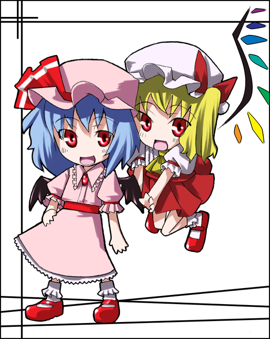 gengorou, flandre scarlet, remilia scarlet, touhou, 2girls, bat wings, blonde hair, blue hair, chibi, female focus, hat, mary janes, multiple girls, red eyes, shoes, short hair, siblings, sisters, wings