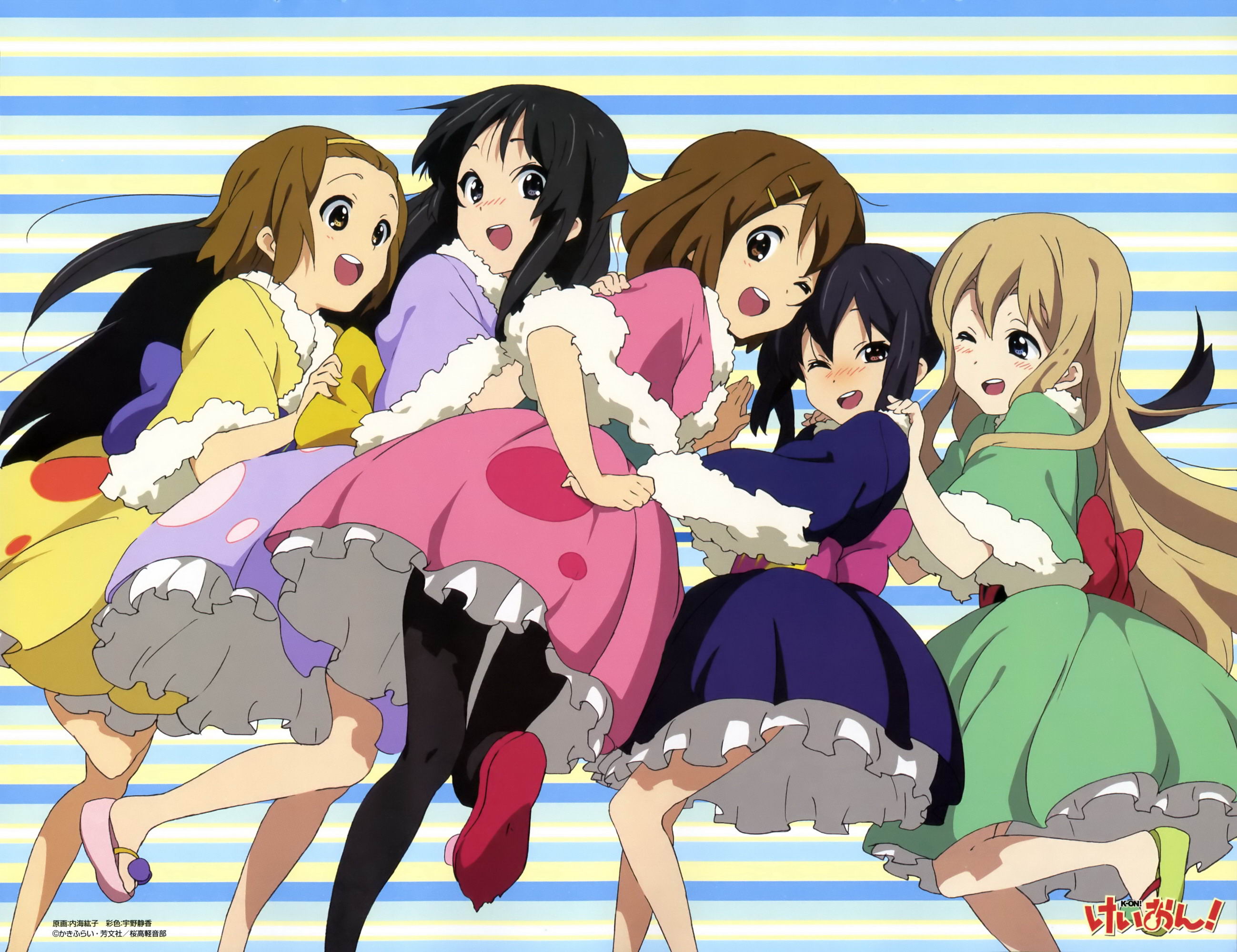 utsumi hiroko, akiyama mio, hirasawa yui, kotobuki tsumugi, nakano azusa, tainaka ritsu, k-on!, nyantype, highres, official art, 00s, 5girls, black eyes, black hair, blue eyes, blush, brown eyes, brown hair, copyright logo, feet, flip-flops, full body, hairband, headband, ho-kago tea time, japanese clothes, kimono, logo, long hair, multiple girls, no socks, one eye closed, pantyhose, sandals, short hair, short kimono, short yukata, toes, very long hair, wink, yellow eyes, yukata