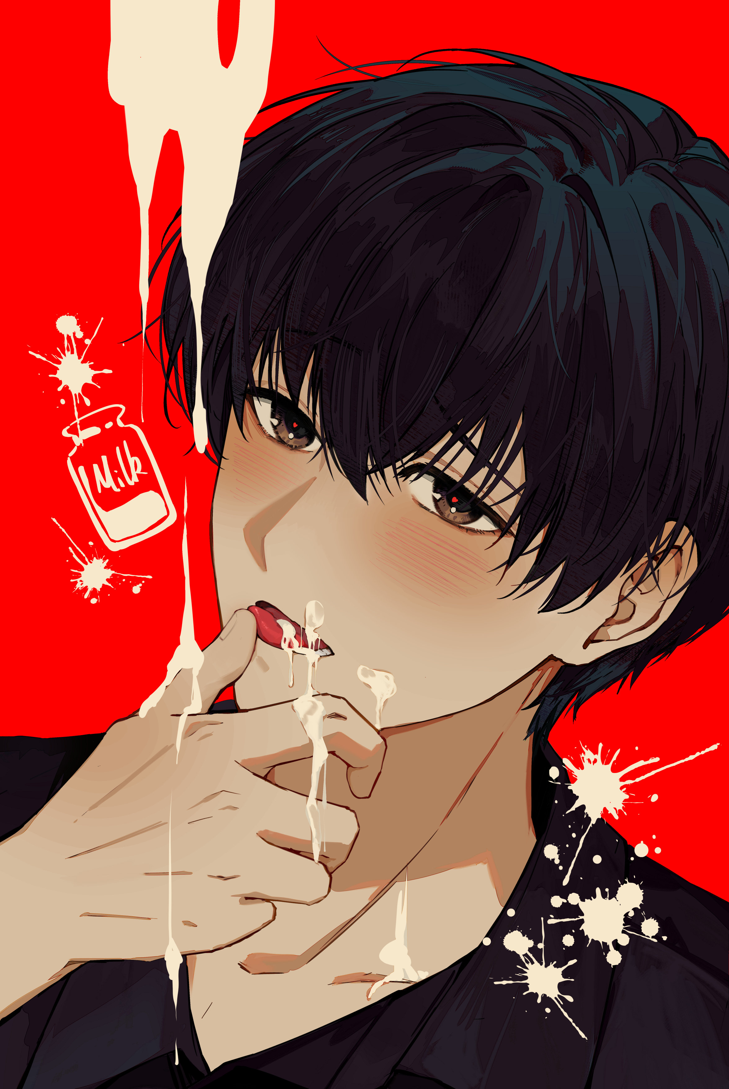 kim dokja, omniscient reader's viewpoint, absurdres, commentary request, highres, 1boy, :p, black eyes, black hair, black shirt, blush, collared shirt, doodle inset, dripping, food, food on clothes, food on face, head tilt, implied yaoi, licking, licking finger, looking at viewer, male focus, milk, portrait, sanjinmogufufu, shirt, short hair, splatter, suggestive fluid, tongue, tongue out