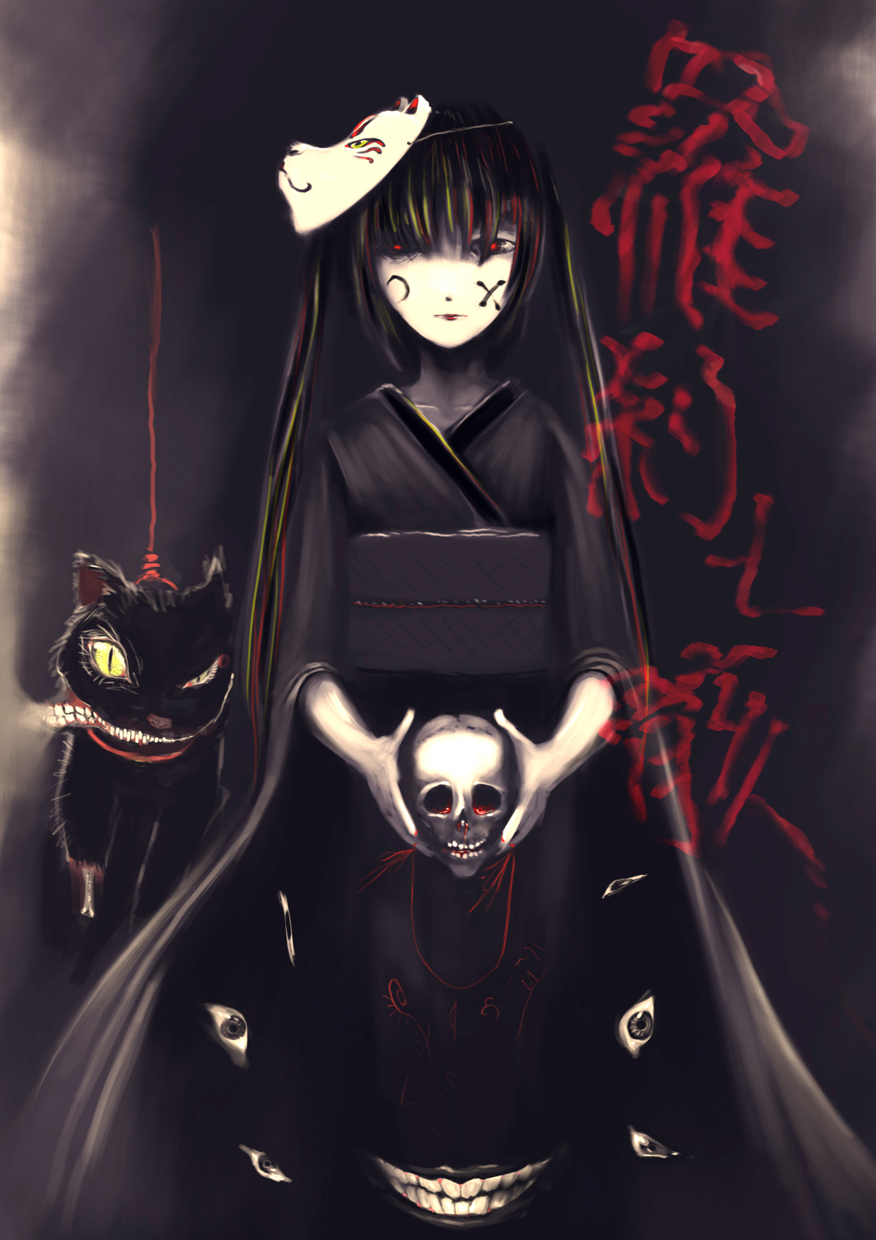 akasaka1028, aks, hatsune miku, musunde hiraite rasetsu to mukuro (vocaloid), vocaloid, highres, 1girl, black hair, cat, creepy, dark, female focus, fox mask, grin, horror (theme), japanese clothes, kimono, long hair, mask, pale skin, red eyes, skull, smile, solo, string, twintails, yukata