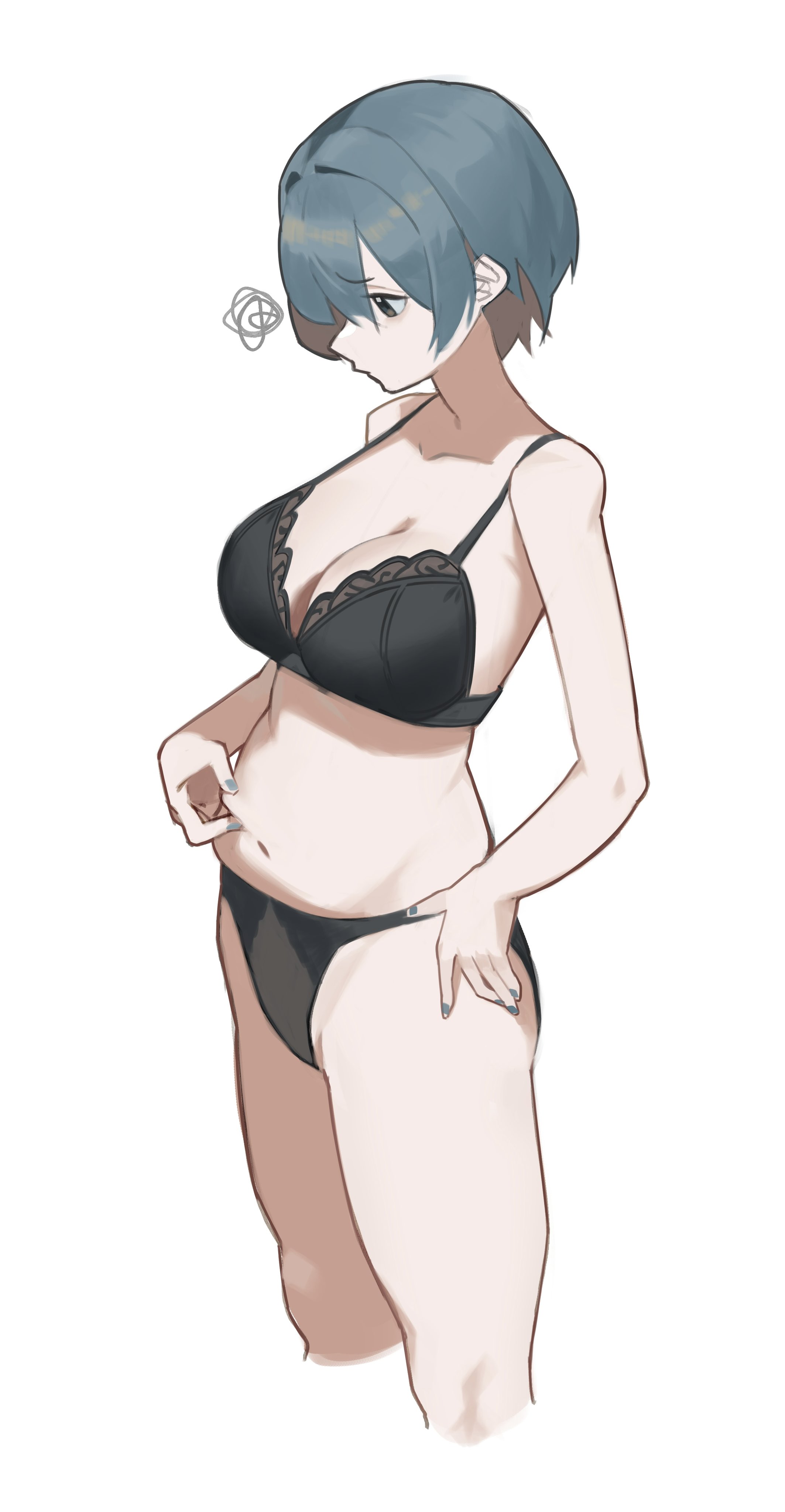 esnowg, original, absurdres, commentary, highres, 1girl, aqua hair, bare arms, bare shoulders, belly, black bra, black eyes, black panties, bra, breasts, cleavage, large breasts, navel, panties, short hair, simple background, solo, thighs, underwear, underwear only, white background