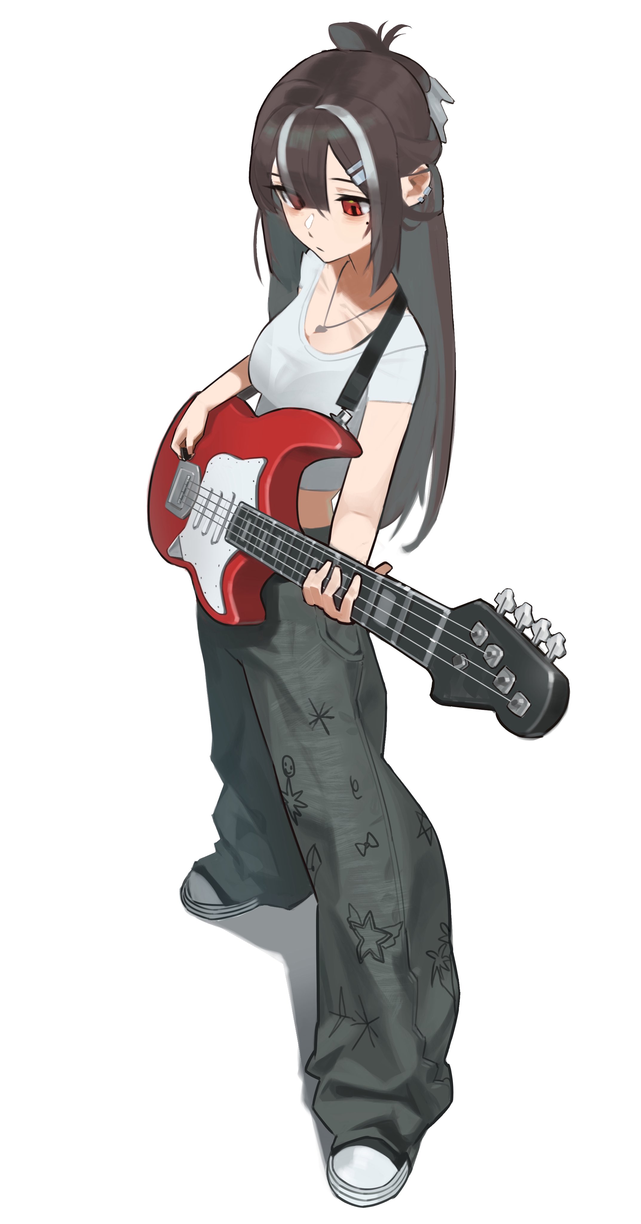 esnowg, original, absurdres, commentary, highres, 1girl, baggy pants, bra visible through clothes, breasts, brown hair, collarbone, full body, grey hair, grey pants, guitar, instrument, jewelry, long hair, medium breasts, midriff, multicolored hair, music, necklace, pants, playing guitar, playing instrument, red eyes, shirt, short sleeves, simple background, solo, standing, streaked hair, white background, white shirt