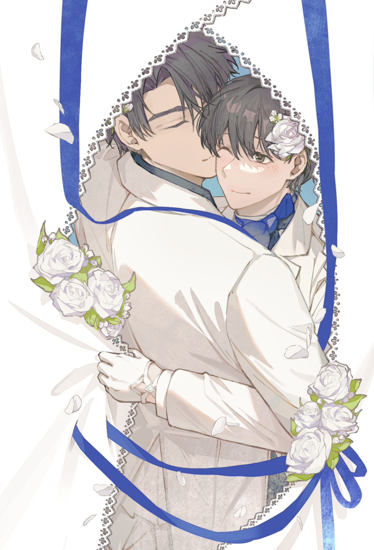 kim dokja, yoo joonghyuk, omniscient reader's viewpoint, commentary request, highres, 2boys, ;), black hair, black shirt, blending, blue ribbon, coat, cowboy shot, curtains, falling petals, flower, gloves, hair flower, hair ornament, hand on another's back, hug, lace trim, male focus, multiple boys, one eye closed, petals, ribbon, rose, sanjinmogufufu, shirt, short hair, smile, vest, white coat, white flower, white gloves, white rose, white vest, yaoi