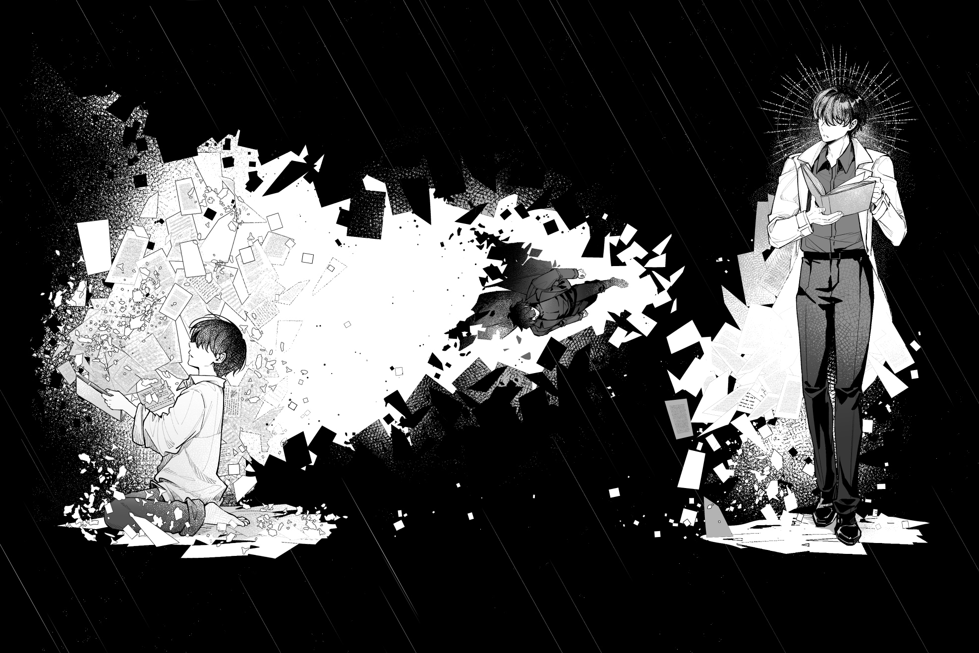 kim dokja, yoo joonghyuk, omniscient reader's viewpoint, commentary request, highres, 3boys, black hair, book, coat, collared shirt, disintegration, dual persona, faceless, facing another, falling paper, greyscale, head tilt, holding, holding book, male focus, mini person, miniboy, monochrome, multiple boys, open book, open clothes, open coat, outstretched arms, rain, sanjinmogufufu, seiza, shirt, short hair, sitting, walking