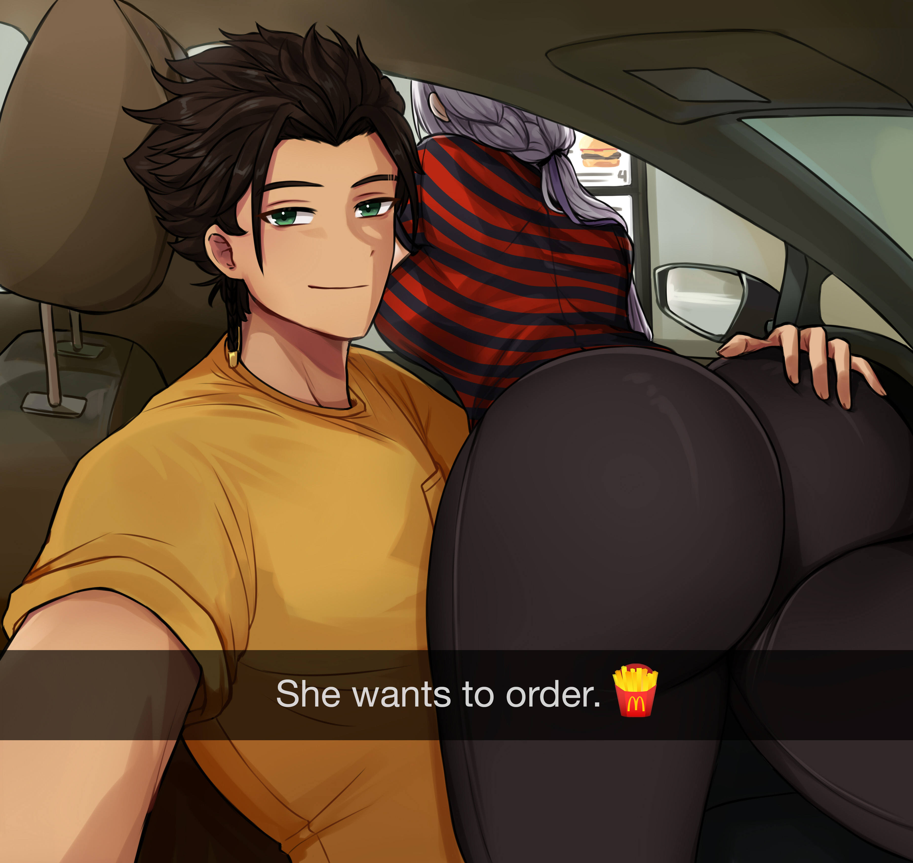 anafuu, claude von riegan, edelgard von hresvelg, fire emblem, fire emblem: three houses, fire emblem warriors: three hopes, nintendo, absurdres, highres, 1boy, 1girl, ass, black hair, fire, green eyes, huge ass, white hair