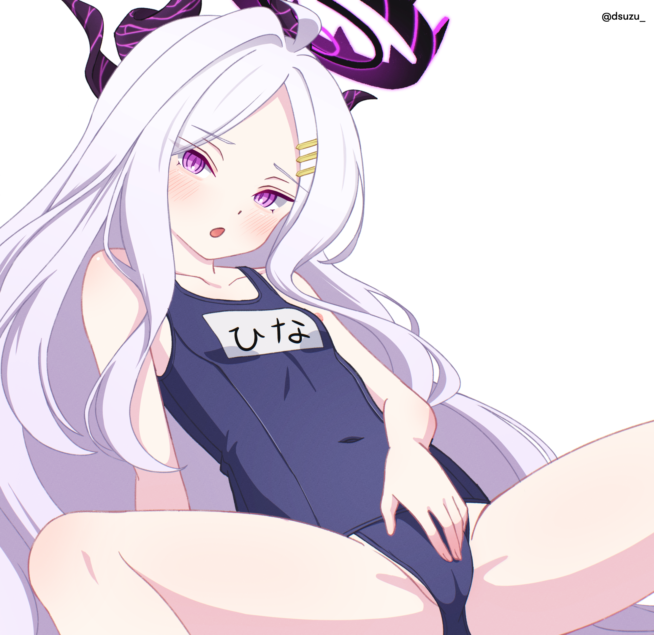 dsuzu, hina (blue archive), hina (swimsuit) (blue archive), blue archive, commentary request, highres, 1girl, ahoge, black halo, breasts, cameltoe, demon girl, demon horns, halo, horns, long hair, looking at viewer, old school swimsuit, purple eyes, school swimsuit, simple background, sitting, small breasts, solo, swimsuit, very long hair, white background, white hair