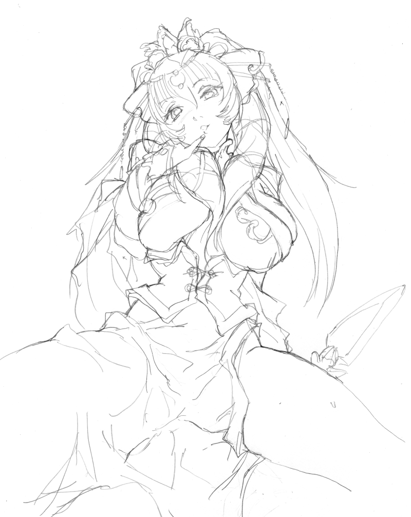 matsukura nemu, zhang chunhua, sangokushi taisen, 1girl, bare legs, blush, female focus, greyscale, head tilt, lineart, looking at viewer, monochrome, simple background, sketch, solo, spread legs, tabard, white background