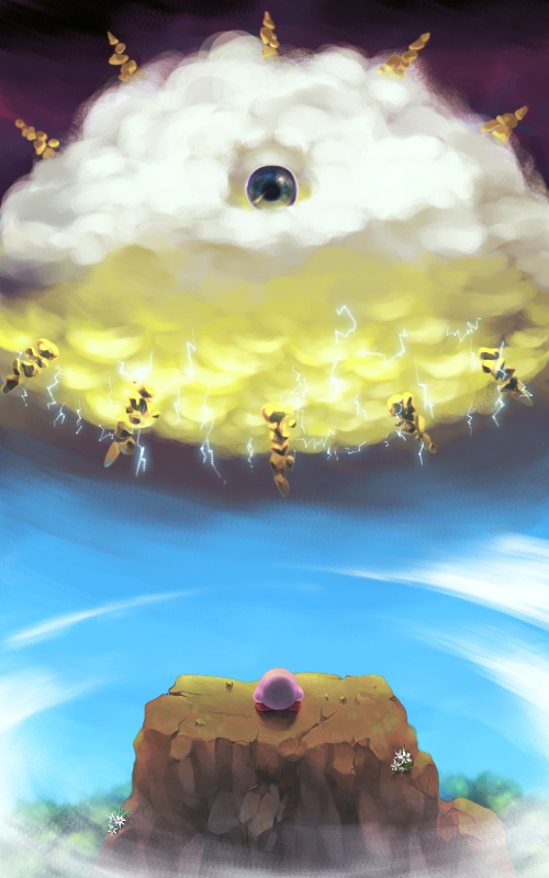naco24, kirby, kracko, kirby (series), nintendo, bad id, bad pixiv id, cloud, day, eyeball, lightning, no humans, sky