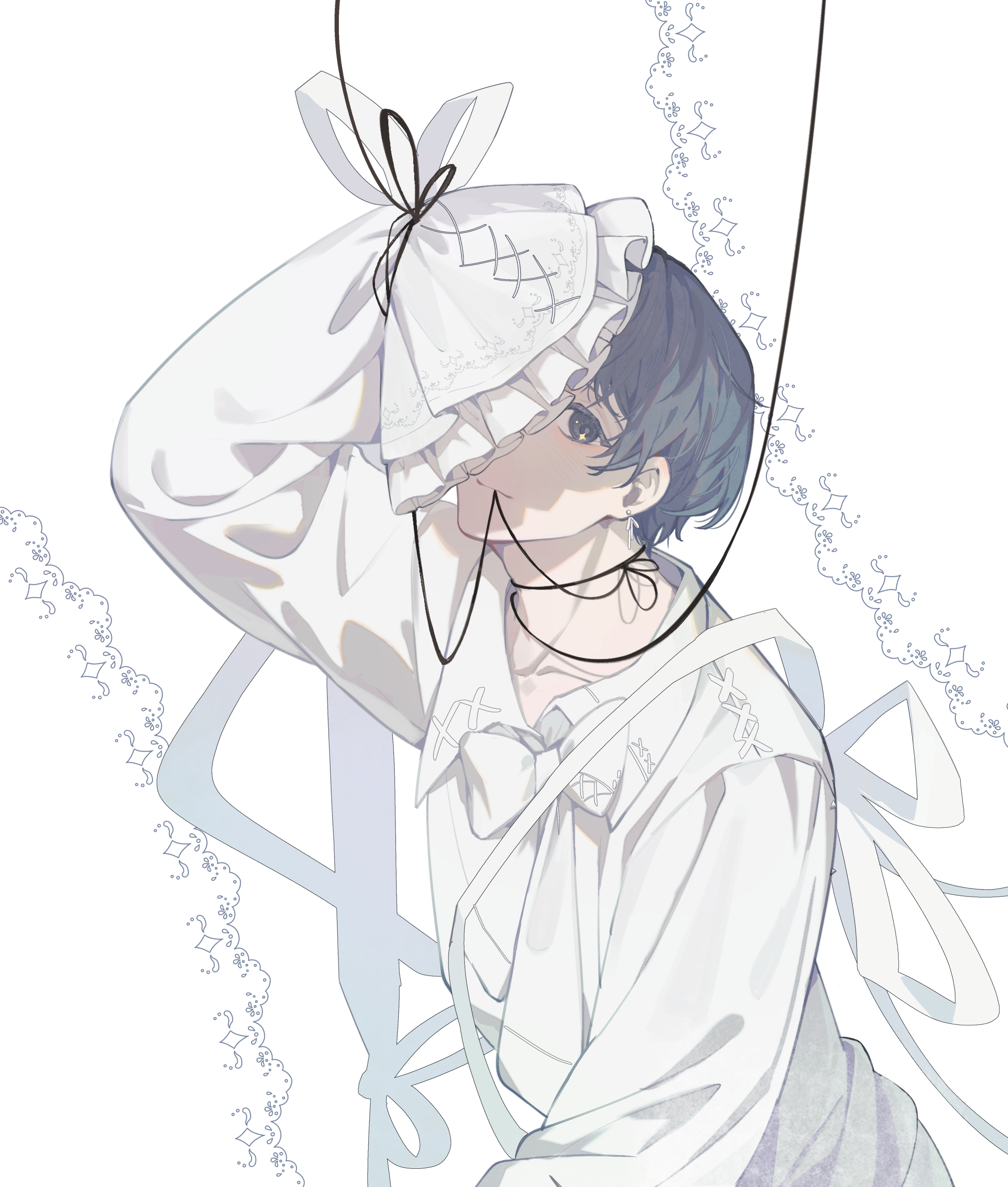 kim dokja, omniscient reader's viewpoint, absurdres, commentary request, highres, 1boy, black eyes, black hair, bow, covering one eye, frilled sleeves, frills, hand up, looking at viewer, male focus, ribbon, sanjinmogufufu, shirt, short hair, solo, string, string around neck, string around wrist, string in mouth, upper body, white shirt