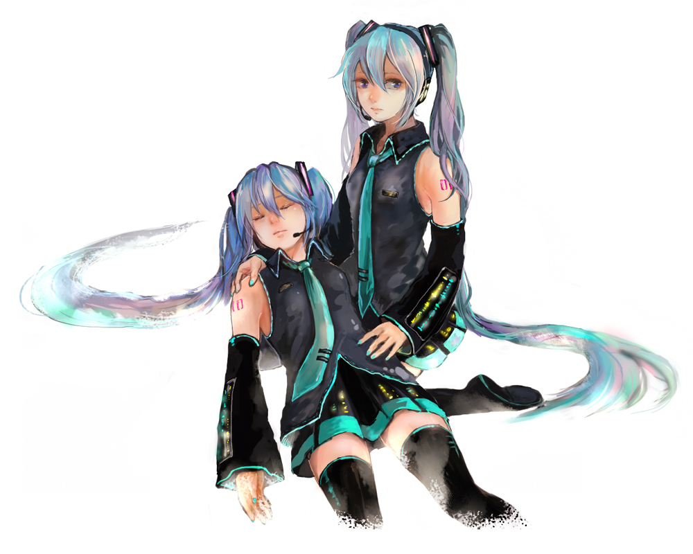 utataneuta, hatsune miku, vocaloid, aqua hair, blue eyes, clone, closed eyes, detached sleeves, headphones, headset, kneeling, lap pillow, long hair, lying, necktie, simple background, skirt, thighhighs, twintails, unconscious, very long hair, zettai ryouiki