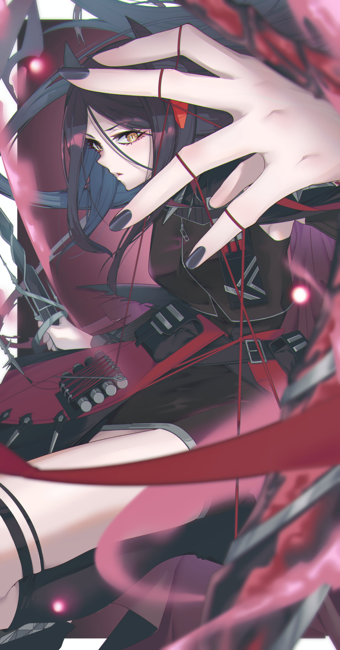 kimo suna, ines (arknights), arknights, highres, 1girl, black boots, black hair, black horns, black jacket, black skirt, boots, cropped jacket, demon girl, demon horns, holding, holding weapon, horns, jacket, long hair, looking at viewer, red horns, skirt, slit pupils, solo, string, string of fate, weapon, yellow eyes