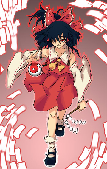 gengorou, hakurei reimu, touhou, 1girl, black hair, bow, detached sleeves, female focus, full body, gohei, hair bow, japanese clothes, mary janes, miko, red eyes, shoes, short hair, solo, yin yang