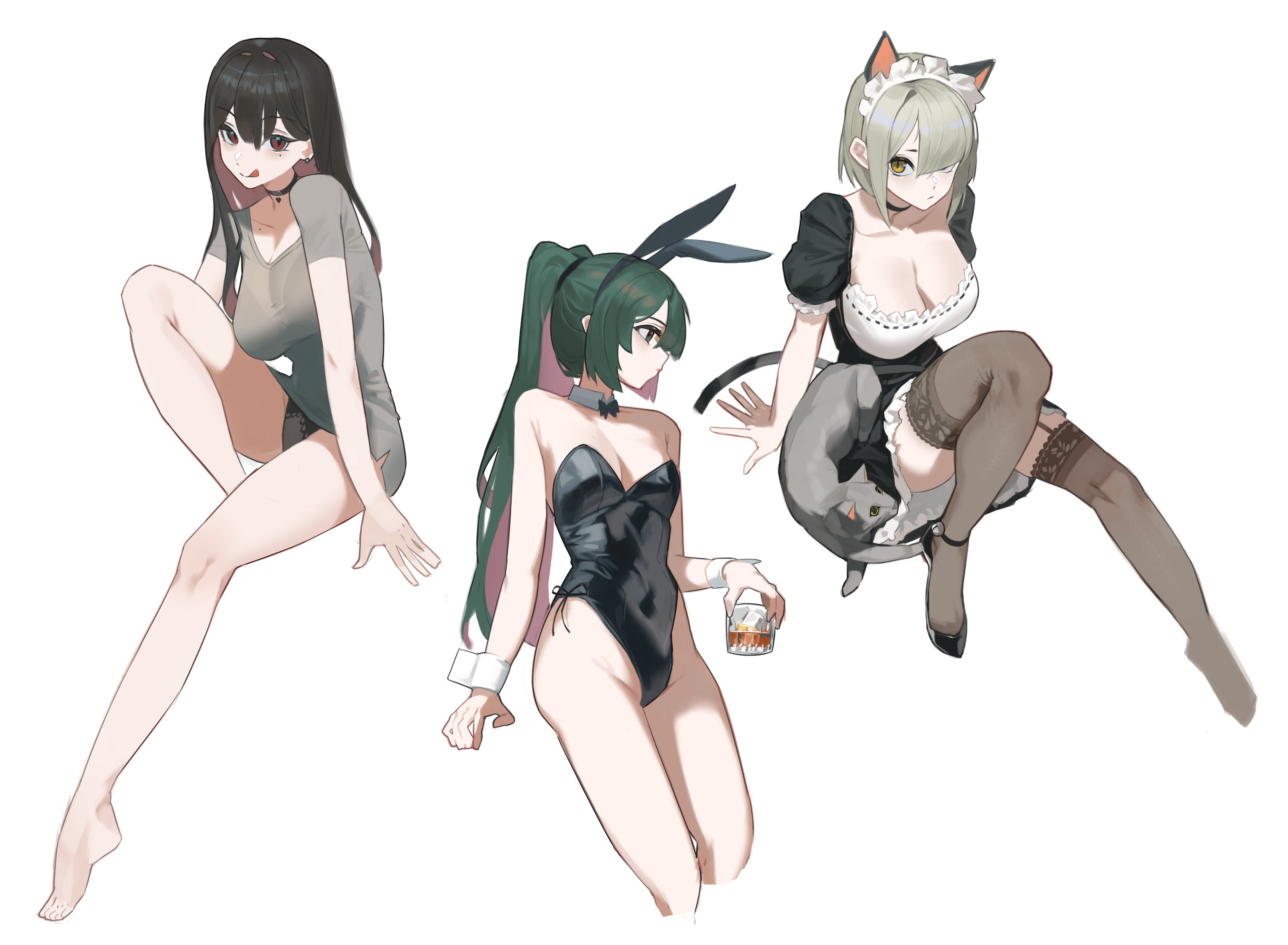 esnowg, original, absurdres, commentary, highres, 3girls, animal, animal ear hairband, animal ears, bare legs, bare shoulders, black choker, black dress, black hair, black hairband, black leotard, black panties, breasts, brown eyes, brown hair, cat, cat ears, choker, cleavage, cup, dress, drinking glass, fake animal ears, garter straps, green hair, grey shirt, grey thighhighs, hairband, highleg, highleg leotard, large breasts, leotard, licking lips, long hair, looking at viewer, maid, maid headdress, medium breasts, multiple girls, panties, playboy bunny, ponytail, rabbit ear hairband, rabbit ears, red eyes, shirt, short hair, short sleeves, simple background, thighhighs, tongue, tongue out, underwear, white background, white headdress, wrist cuffs