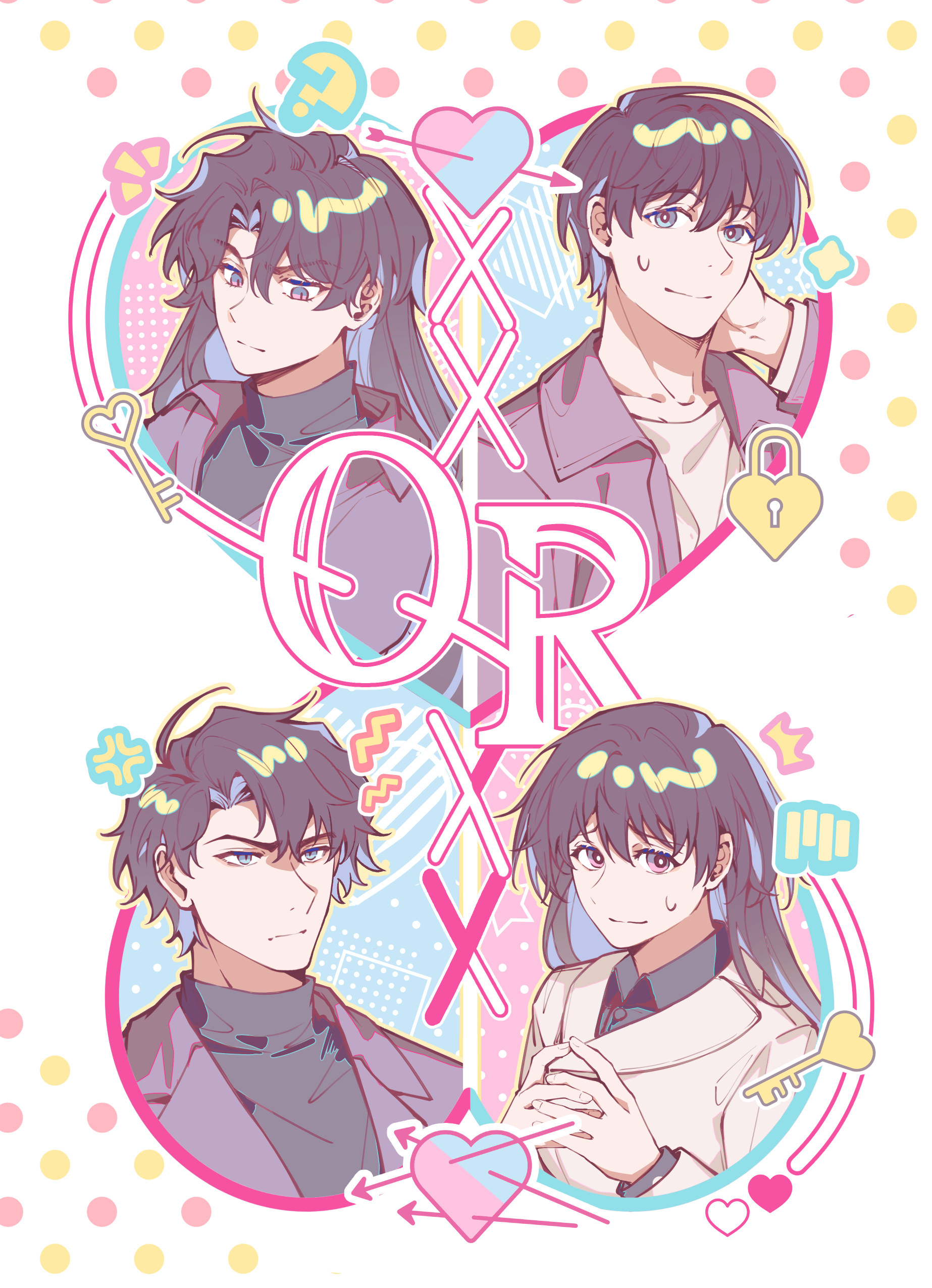 kim dokja, yoo joonghyuk, omniscient reader's viewpoint, absurdres, commentary request, highres, 2boys, 2girls, ben-day dots, black coat, black eyes, black hair, black shirt, coat, collared shirt, colored inner hair, genderswap, genderswap (mtf), hand on own neck, heart, hetero, long hair, looking at viewer, multicolored hair, multiple boys, multiple girls, nervous, sanjinmogufufu, screentones, shirt, short hair, sweatdrop, white coat, white shirt