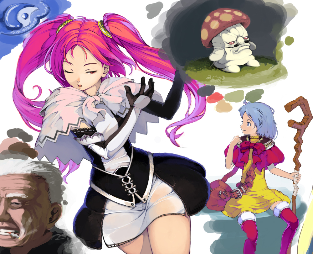 kurokurokuro, cigarette, facial hair, fantasy, mushroom, mustache, old, old man, one eye closed, smoking, staff, twintails, wink