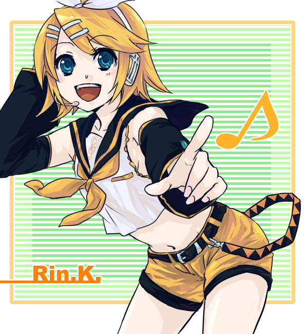 akaya (rednight dd), kagamine rin, kagamine rin (if), vocaloid, 1girl, blonde hair, blue eyes, female focus, hair ornament, hair ribbon, hairclip, headphones, headset, midriff, musical note, ribbon, short hair, shorts, smile, solo