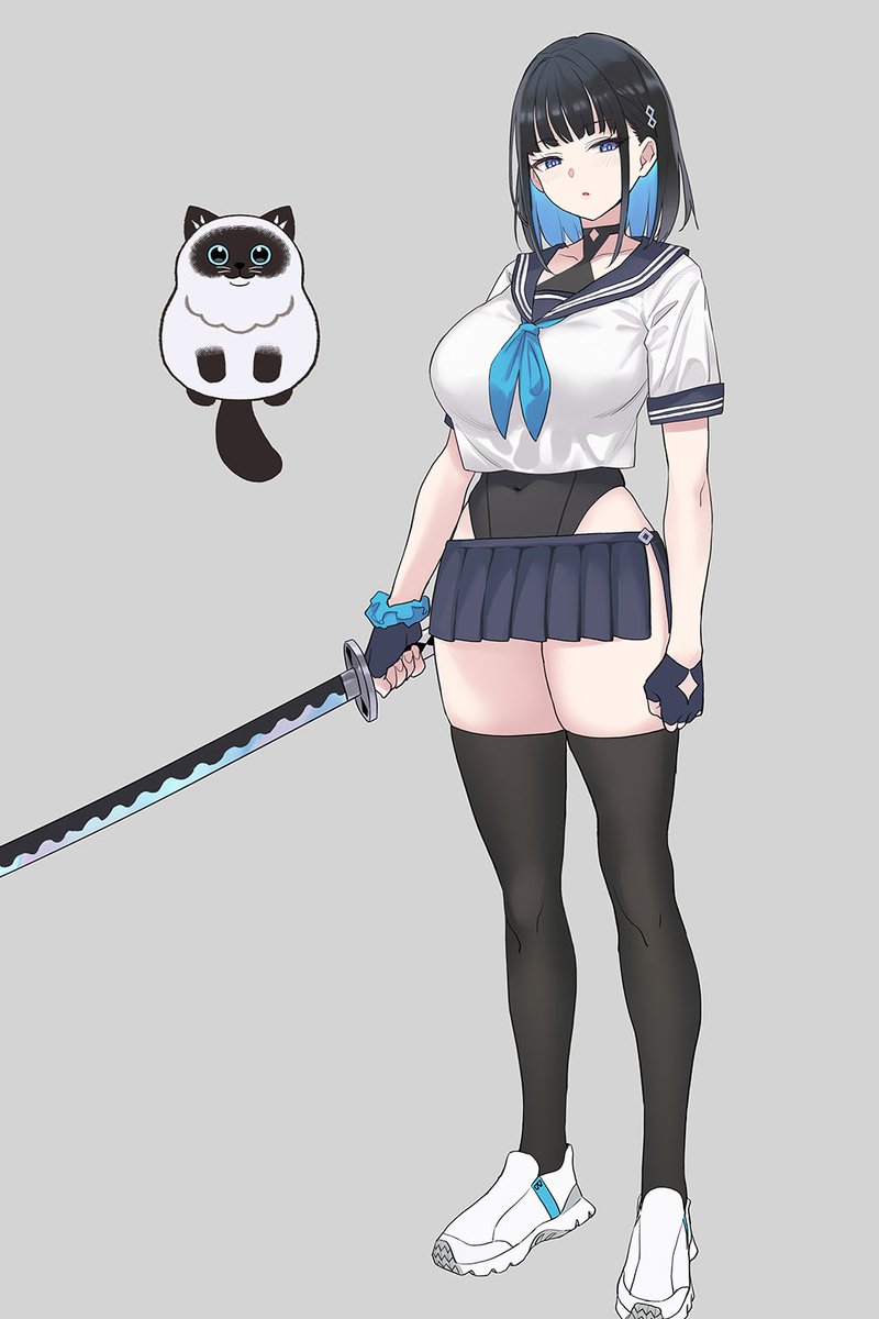 zhen lu, original, commentary request, highres, 1girl, aohara nozomu (zhen lu), black hair, black leotard, black skirt, blue eyes, blue hair, breasts, cat, colored inner hair, covered navel, crop top, fingerless gloves, full body, gloves, hair intakes, halterneck, holding, holding sword, holding weapon, katana, large breasts, leotard, leotard under clothes, lowleg, lowleg skirt, miniskirt, multicolored hair, school uniform, serafuku, shoes, side slit, skirt, solo, sword, thighhighs, two-tone hair, weapon, white shoes, zettai ryouiki