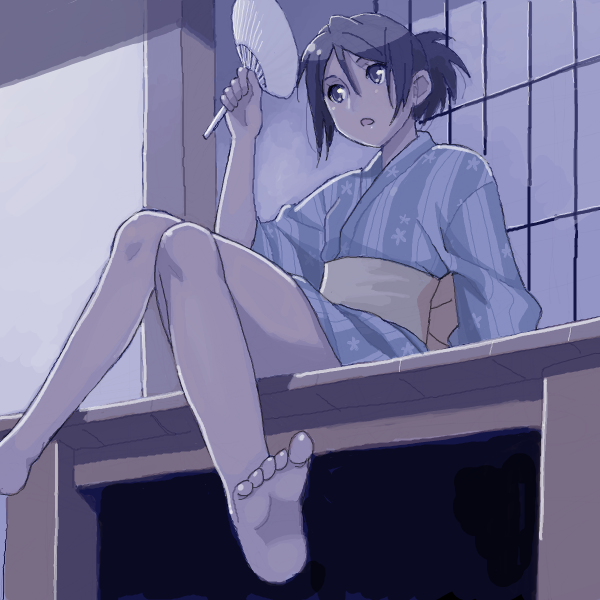 mattaku mousuke, original, 1girl, barefoot, crossed legs, feet, female focus, hand fan, japanese clothes, kimono, legs, night, open mouth, outdoors, paper fan, porch, sitting, soles, solo, toes, uchiwa, veranda, yukata