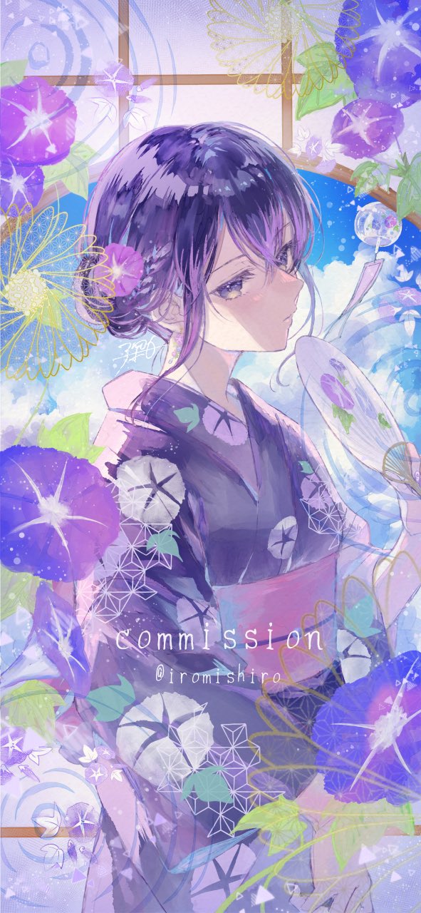 mishiro (iromishiro), original, commentary request, commission, highres, 1girl, artist name, flower, hand fan, holding, holding fan, japanese clothes, kimono, morning glory, obi, purple eyes, purple flower, purple hair, purple kimono, purple theme, sash, signature, wind chime, yukata