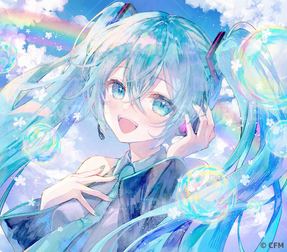 mishiro (iromishiro), hatsune miku, vocaloid, commentary request, official art, 1girl, aqua eyes, aqua hair, aqua nails, aqua necktie, bare shoulders, black sleeves, blue sky, bubble, cloud, cloudy sky, collared shirt, copyright notice, detached sleeves, grey shirt, headset, long hair, looking at viewer, necktie, open mouth, portrait, rainbow, shirt, sky, smile, solo, teeth, twintails, upper teeth only