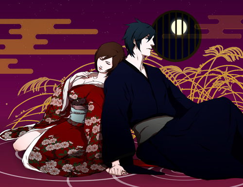 uns, uns (u-ness), kaito (vocaloid), meiko (vocaloid), tsugai kogarashi (vocaloid), vocaloid, lowres, 1boy, 1girl, back-to-back, blue eyes, blue hair, breasts, brown hair, cleavage, closed eyes, egasumi, full moon, hetero, holding hands, japanese clothes, kimono, moon, short hair