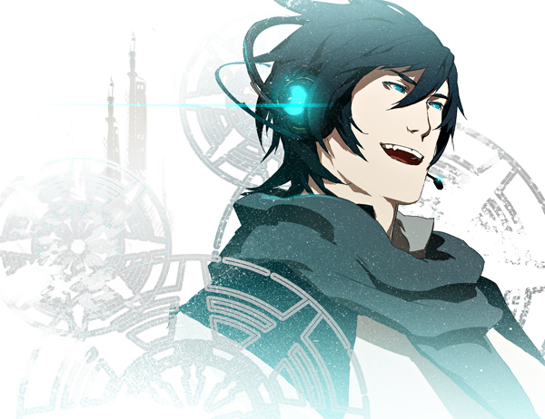 uns, uns (u-ness), kaito (vocaloid), vocaloid, 1boy, blue eyes, blue hair, headphones, headset, male focus, matching hair/eyes, short hair, smile, solo