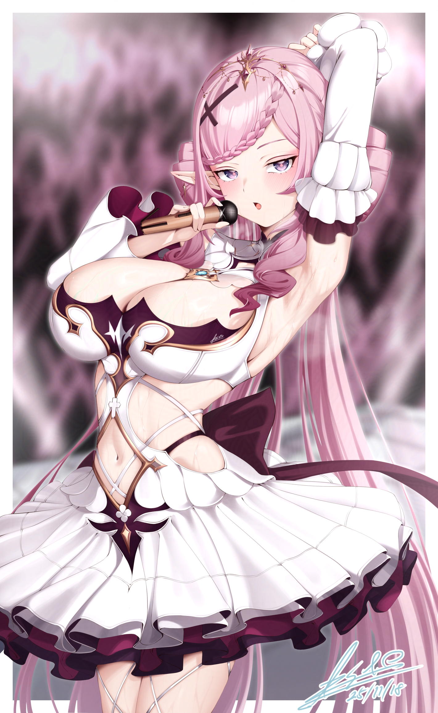 esto 0079, malice evermore, phase connect, commentary, commission, highres, skeb commission, 1girl, arm up, armpits, artist name, blue gemstone, blurry, blurry background, blush, border, braid, braided bangs, breasts, cleavage, clothing cutout, criss-cross straps, cross hair ornament, dated, detached sleeves, dress, drill hair, drill sidelocks, earrings, flower-shaped pupils, gem, gold tiara, gold trim, hair ornament, hand up, headpiece, holding, holding microphone, jewelry, large breasts, layered skirt, long hair, long sleeves, microphone, music, navel, navel cutout, open mouth, pink hair, pointy ears, purple eyes, sidelocks, signature, singing, skirt, solo, stage, standing, sweat, symbol-shaped pupils, thighs, two-sided sleeves, very long hair, virtual youtuber, white border, white dress, wide sleeves