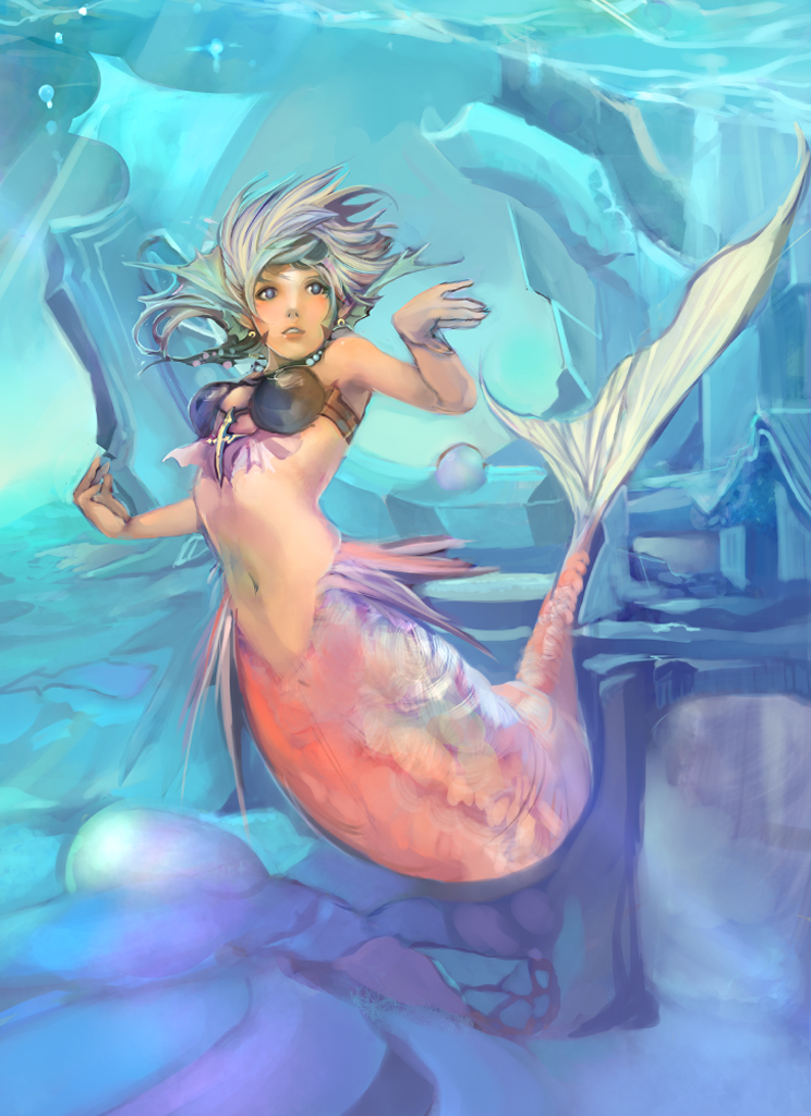 asigaru, silver hair, bad id, bad pixiv id, 1girl, blue eyes, female focus, mermaid, monster girl, short hair, solo, underwater, water