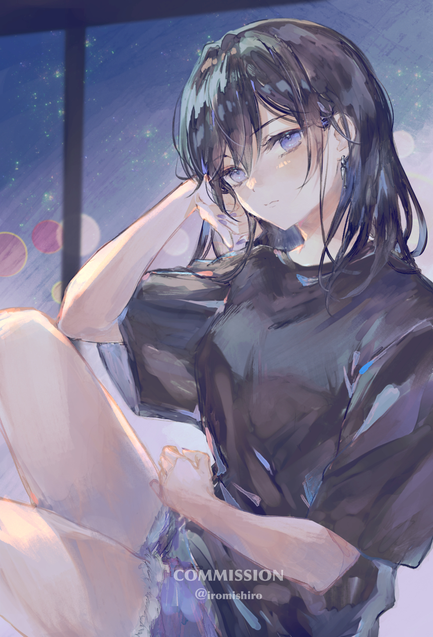 mishiro (iromishiro), original, commentary, commission, highres, skeb commission, 1girl, artist name, black hair, black shirt, blue eyes, blue nails, blush, denim, denim shorts, earrings, jewelry, long hair, shirt, short sleeves, shorts, solo, t-shirt