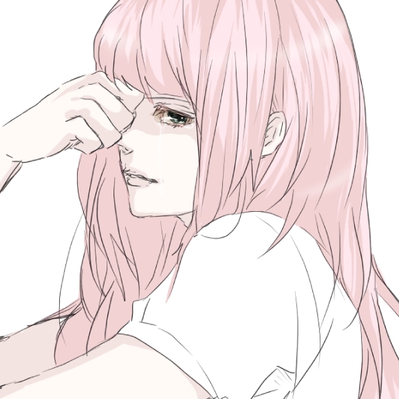 happa (pixiv413509), marui happa, megurine luka, just be friends (vocaloid), vocaloid, bad id, bad pixiv id, 1girl, aqua eyes, female focus, hime cut, long hair, pink hair, realistic, simple background, sketch, solo, tears, white background