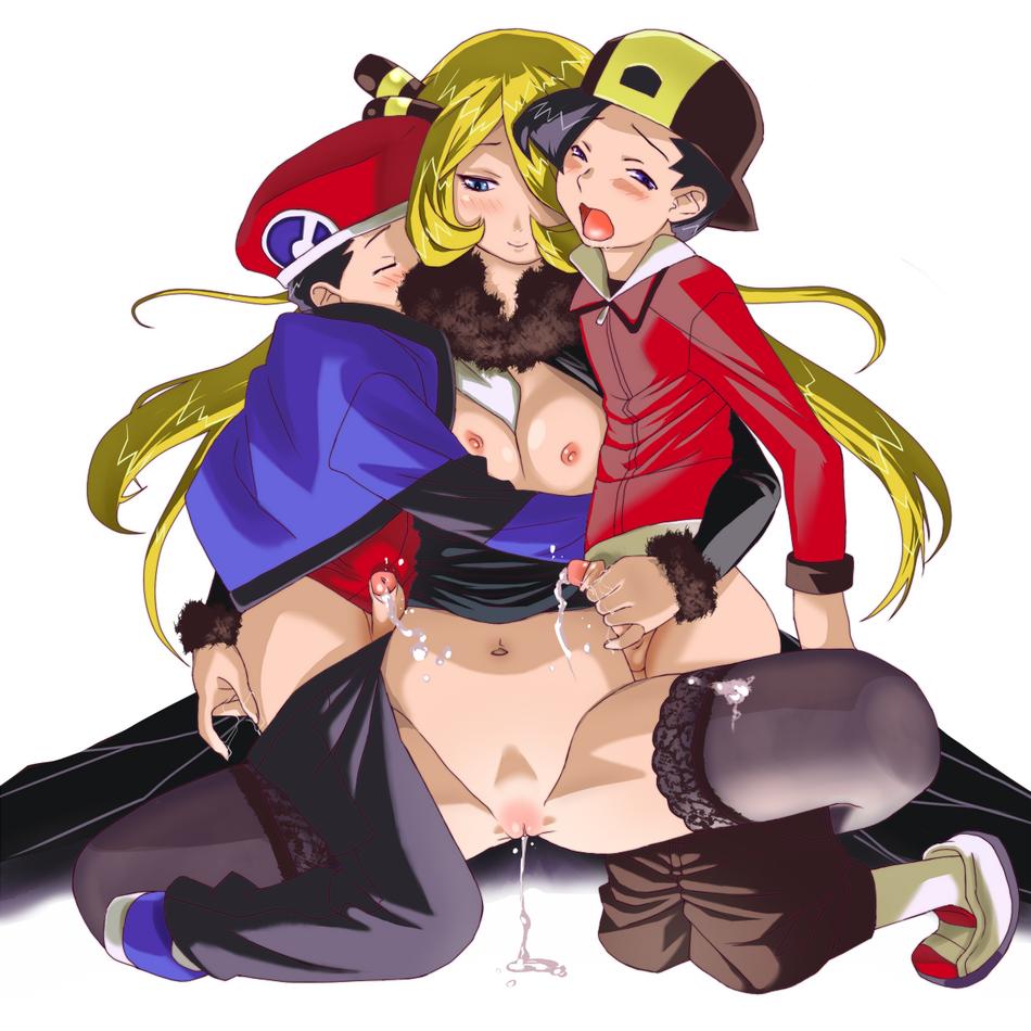 otsukare, cynthia (pokemon), nintendo, pokemon, creatures (company), game freak, straight shota, blonde hair, cum, cum in pussy, ejaculation, group sex, handjob, penis, sex, shota, thighhighs, threesome, uncensored