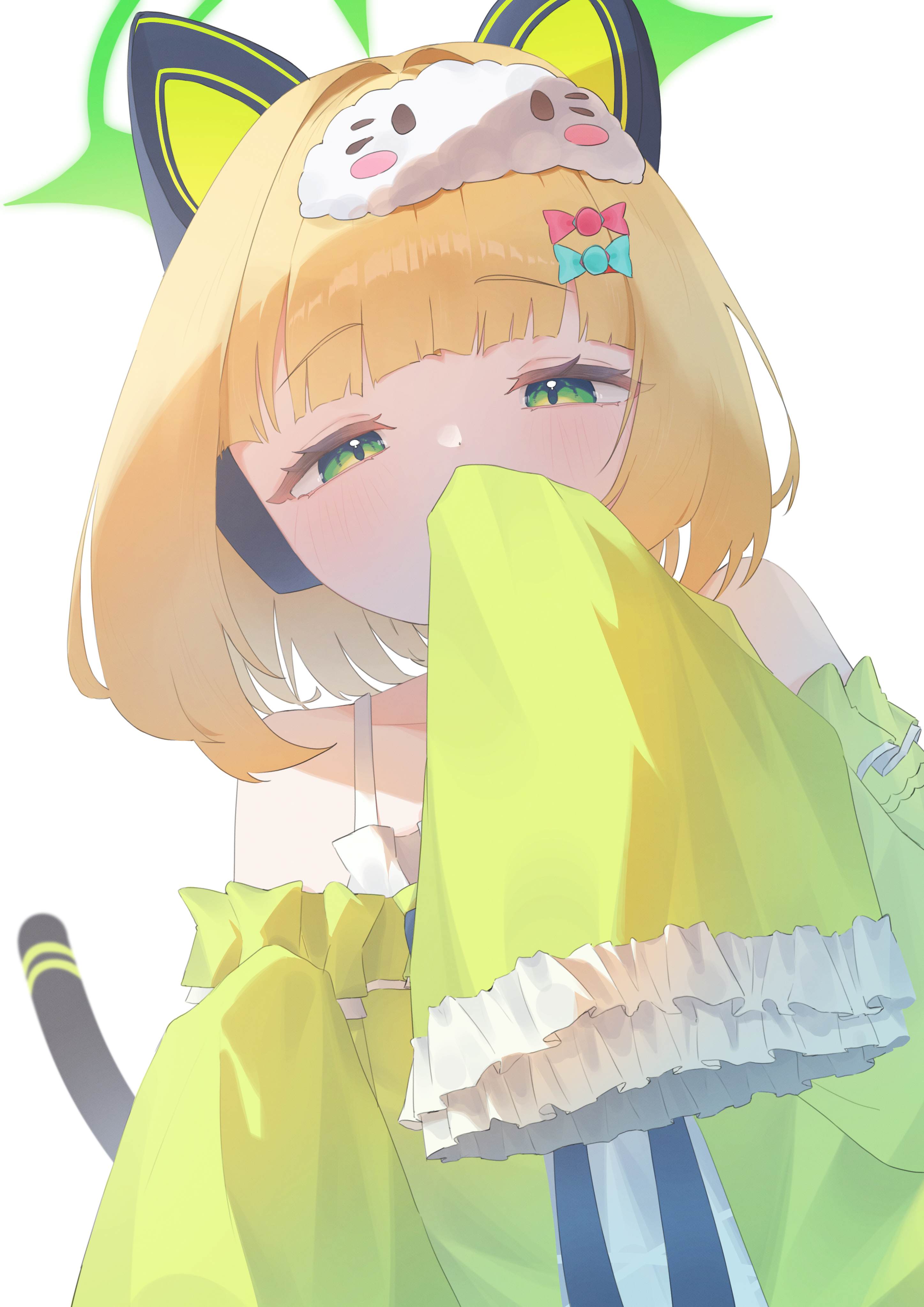 ixia559, midori (blue archive), blue archive, 1girl, alternate costume, animal ear headphones, animal ears, blonde hair, cat ear headphones, cat ears, cat tail, dress, fake animal ears, green dress, green eyes, green halo, hair ornament, hairclip, halo, headphones, looking at viewer, simple background, solo, tail, upper body, white background