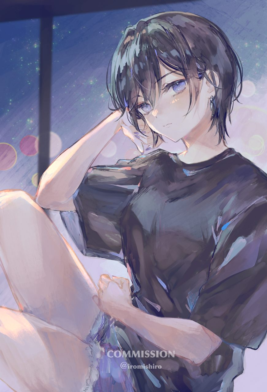 mishiro (iromishiro), original, commentary, commission, highres, skeb commission, 1girl, artist name, black hair, black shirt, blue eyes, blue nails, blush, denim, denim shorts, earrings, jewelry, shirt, short hair, short sleeves, shorts, solo, t-shirt